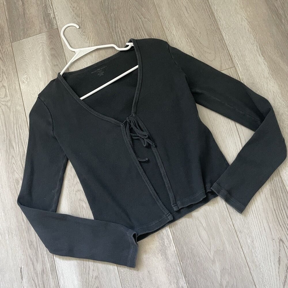 Brandy Melville Top tie open long sleeve womens Black (one size) coquette casual